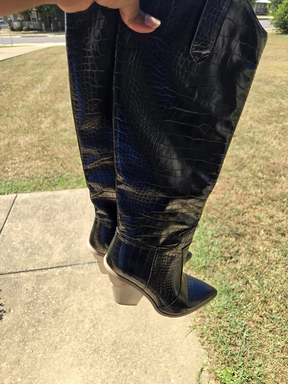 Black Croc-Embossed Knee Boots with Block Heel